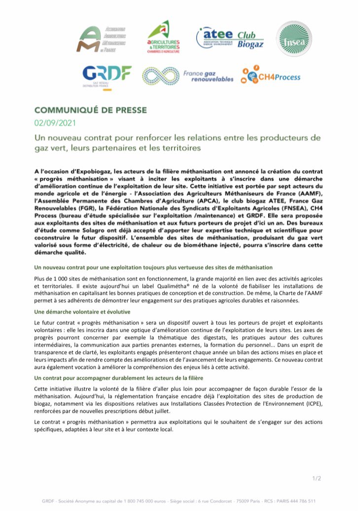 [#CP] 7 acteurs du monde #agricole et de l’#énergie annoncent la création d’1 nouveau contrat pr renforcer les relations entre les producteurs de gaz vert, leurs partenaires et les territoires.
Notre CP commun👇