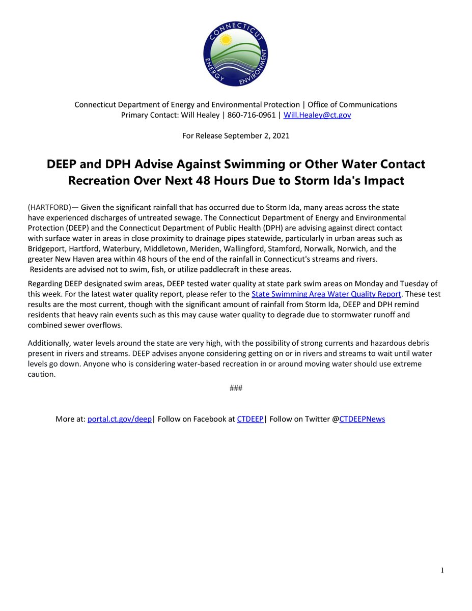 DEEP and DPH are advising against swimming or other water contact recreation over the next 48 hours due to Storm Ida's impact. 
More info: portal.ct.gov/DEEP/News-Rele…