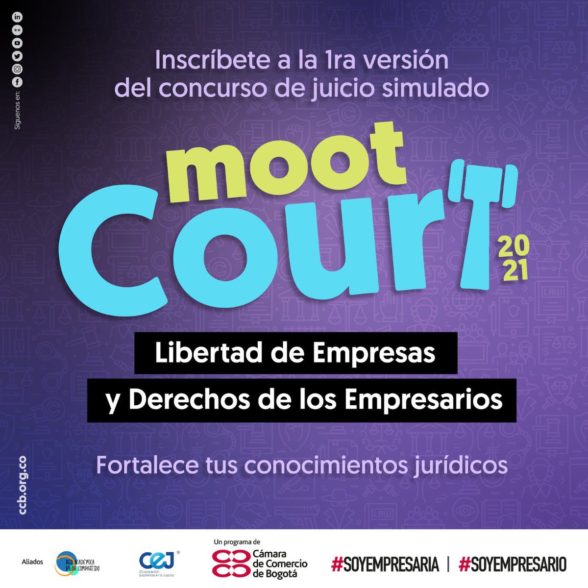 ¿Eres estudiante de derecho de los últimos semestres? Esto es para ti. Inscríbete a la 1ra versión del concurso de juicio simulado “Libertad de Empresa y Derechos de los Empresarios”, y participa por algunos de nuestros 3 principales premios. Más Info  👉 bit.ly/3yeM0Xc