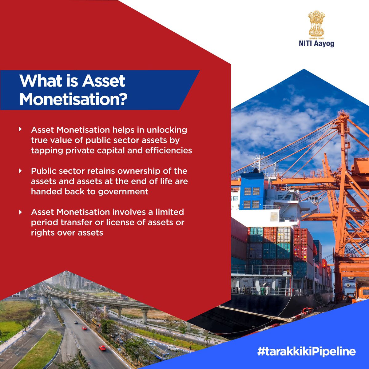 What is #AssetMonetisation? 🤔

Asset Monetisation helps in unlocking the true value of public sector assets by tapping private capital and efficiencies. 

Know more about #NationalMonetisationPipeline, which is India's #TarakkiKiPipeline here -  niti.gov.in/national-monet…
