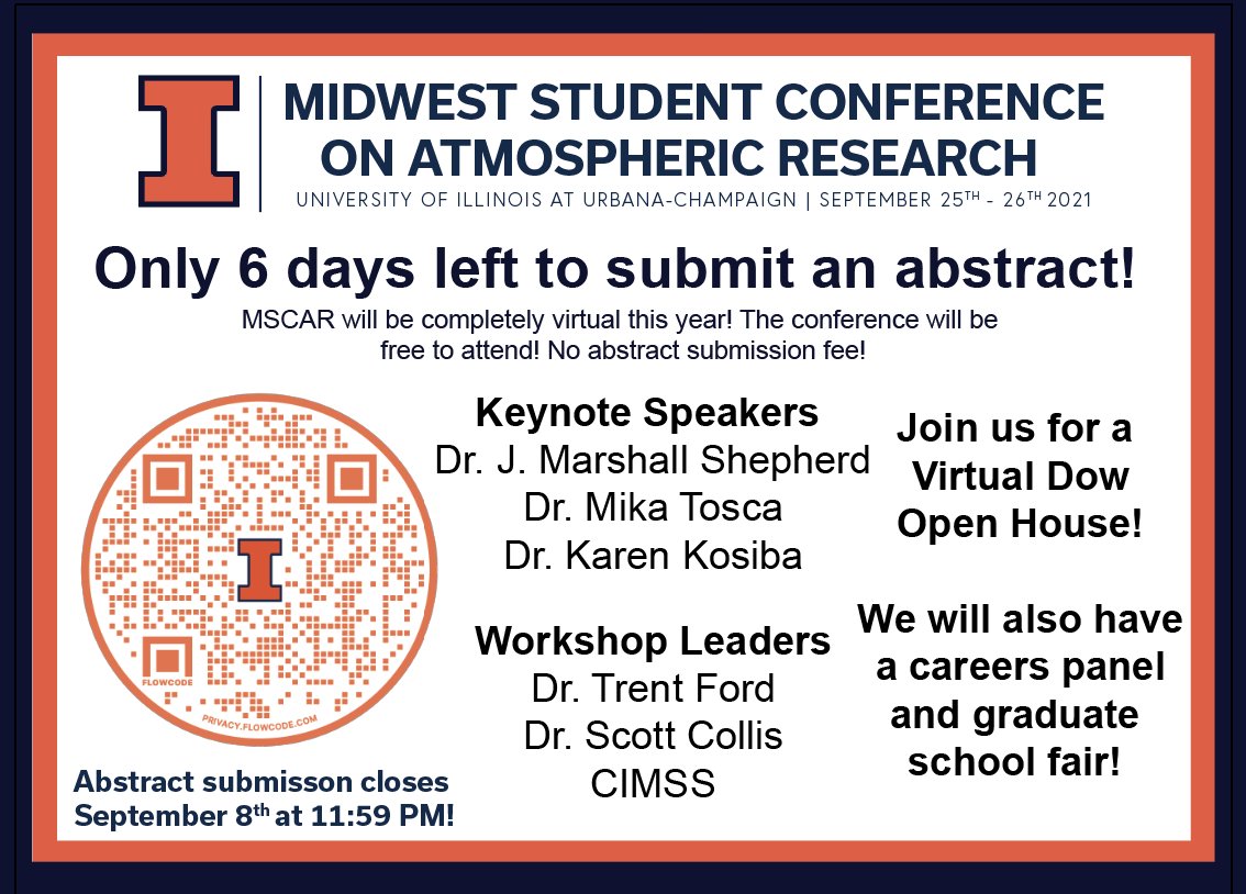 MSCAR_Illinois's tweet photo. Time is running out to submit an abstract for the 5th Annual Midwest Student Conference on Atmospheric Research! We have an exciting lineup of keynote speakers, workshops, a virtual DOW open house, graduate school fair, and photo contest! Don't miss out! https://t.co/ki7tgIXHcO https://t.co/huQkmreUgt