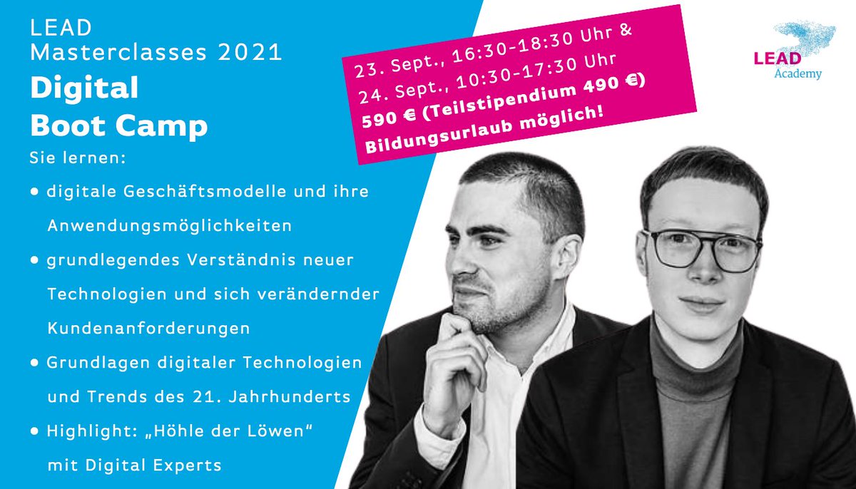 Diese #Masterclass, mit unseren Digital Experten Tim Schleicher und Mathis Budny bietet das Wissen 📚 und die Erfahrungen 🤝, die Du für eine Führung im #digitalenzeitalter brauchst.

Folge dem Link für mehr Informationen >> bit.ly/3zPXPEv

#digitalkompetenz