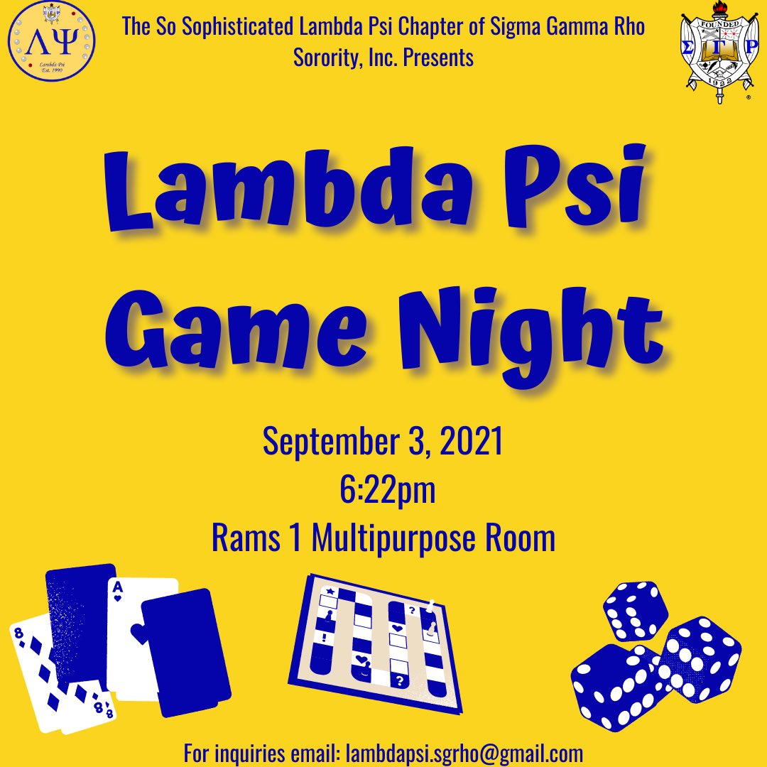 Come enjoy an evening of fun with the Pretty Poodles of Lambda Psi! We are hosting a game night this Friday and we would love to see you there! 💙💛💙
*MASKS ARE REQUIRED*