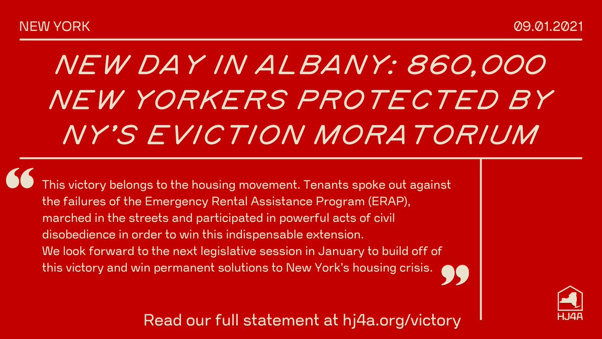 We won an extension of the eviction moratorium until JANUARY 15th, 2022! 

Read our full statement at hj4a.org/victory
#EvictionFreeNY