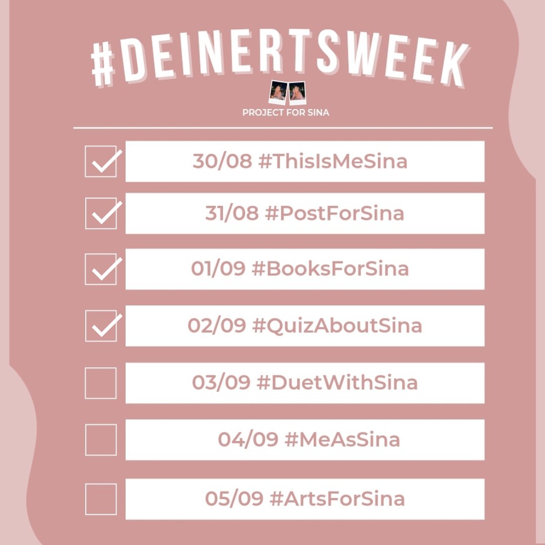 ProjectForSina's tweet photo. Chegamos ao quarto dia do #DeinertsWeek! Hoje teremos um joguinho diferente dos demais, iremos fazer perguntas sobre a Sina para vocês, e irão responder de acordo com o que souberem a partir das 14:00h (horário de Brasília), vamos nos divertir! 🤍 https://t.co/zjgJrPcs8J