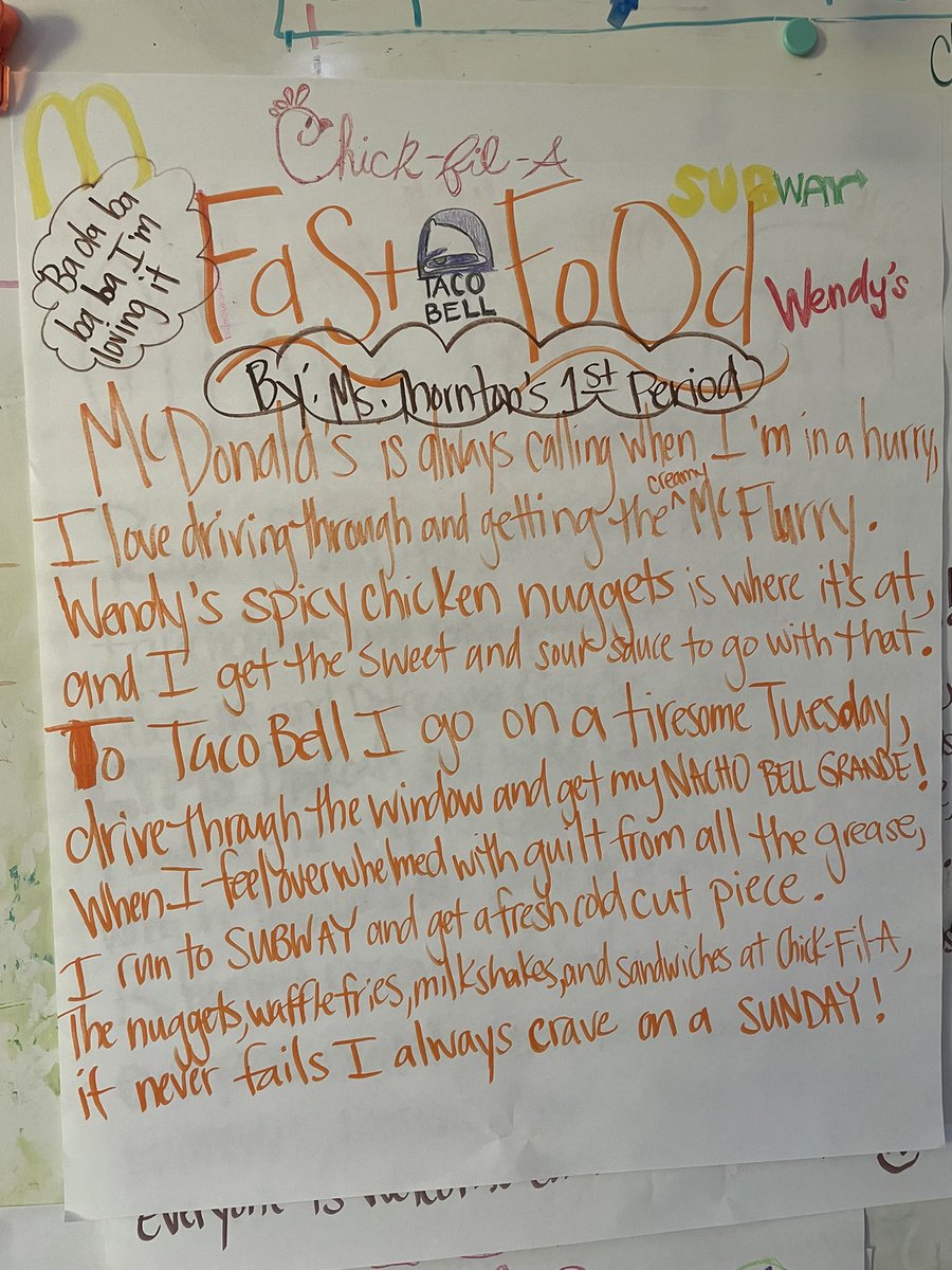 SaraThornton123's tweet photo. WE LOVE TO WRITE! Epic fast food word picture poem published by my LTMS 8th grade writers @McDonalds @ChickfilA @tacobell @Wendys @SUBWAY https://t.co/SRAm1hkpa5