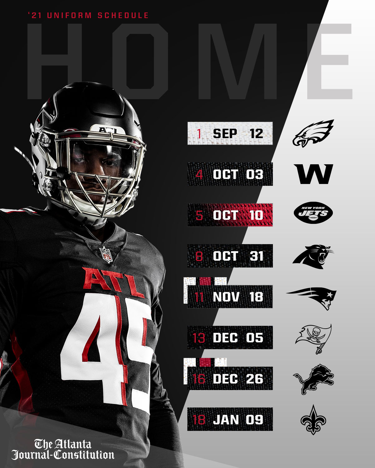 2021 Atlanta Falcons uniform schedule scorecard