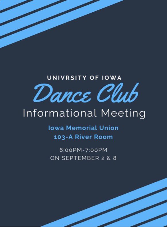 UIowaDanceClub's tweet photo. Join us today or September 8th from 6-7 PM at the IMU or on Zoom for our informational meetings!! 💃

Zoom ID: 961  7583  0175

We’d love to help you learn more about our club and answer any questions you may have! We can’t wait to see you there! ✨ https://t.co/bnWCCTZNsH
