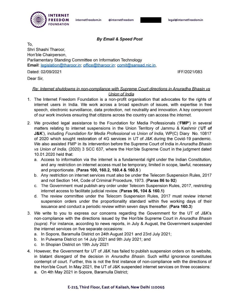 Screenshot of IFF's letter to the Standing Committee for IT