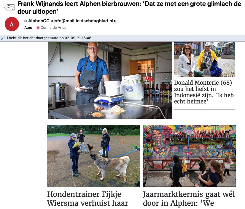 Trots! Zojuist hebben wij AlphenCC doen herleven. Alphenaren kunnen zich vanaf vandaag inschrijven voor een dagelijkse lokale nieuwsbrief met daarin nieuws en reportages uit hun regio, portretten van Alphenaren en andere nieuwsverhalen. Opgeven kan via Alphencc.nl