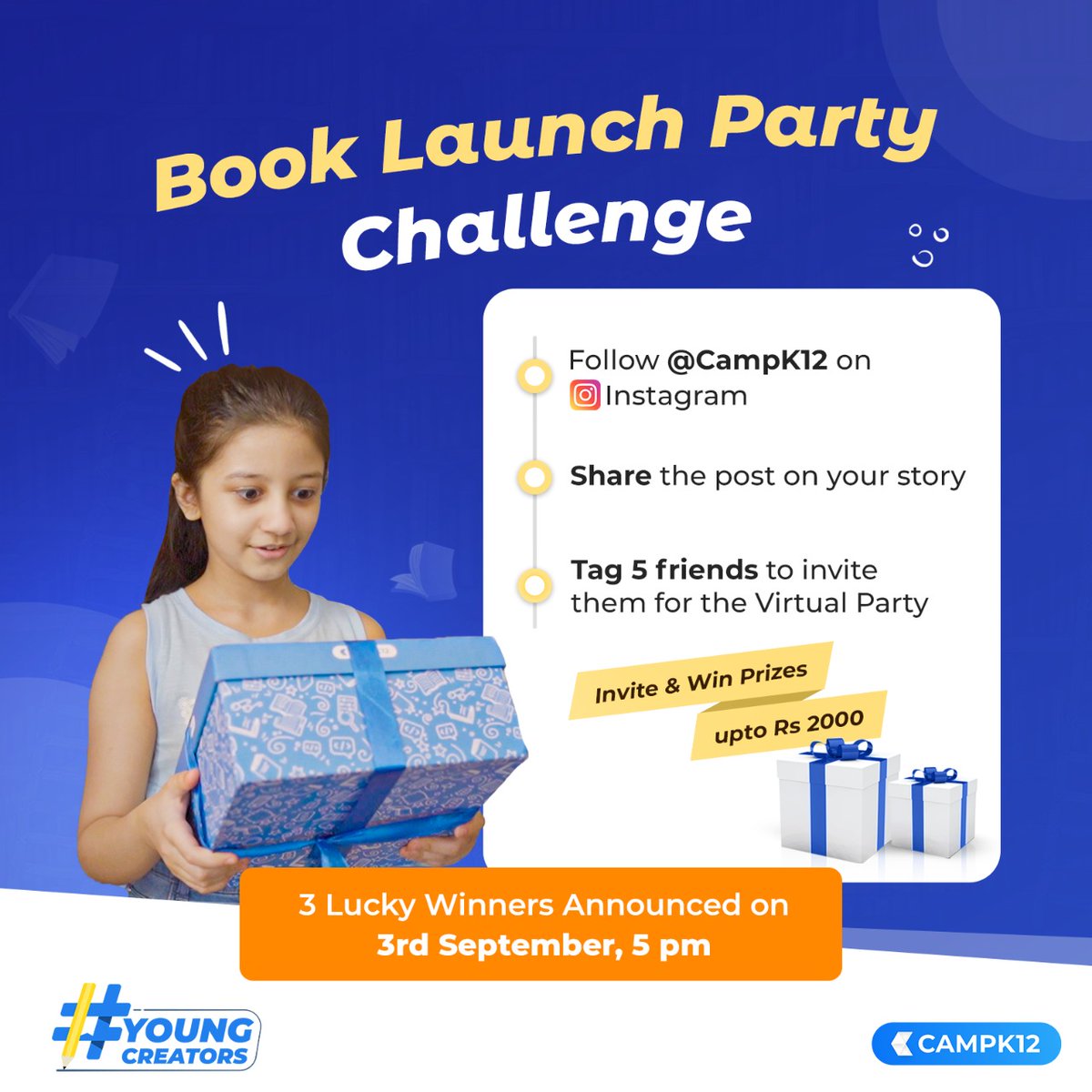 CampK12's tweet photo. #BookLaunch Party #Challenge📚

Do you want to attend the most awesome party &amp; Win prizes? 🎁

Follow @campk12
Retweet this post
Tag 5 friends to invite them to our Virtual Book Launch Party 

3 Lucky Winners announced on 3rd Sep, 5 pm on Camp K12 TV 
https://t.co/pVvEzaSCha https://t.co/2vdNha1SDZ