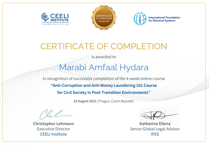 Finally received my certificate after a 4-week intensive training on Anti-Corruption &amp; Anti-Money Laundering course for Civil Society in Post-Transition Environment.