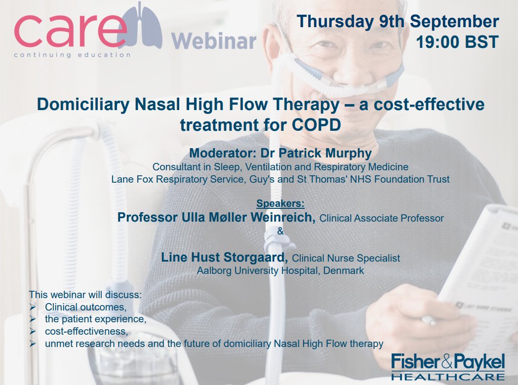 Interested in discharging your COPD patients home on Nasal High Flow? 

Join <a href="/DrPBMurphy/">Patrick Brian Murphy</a>, @LlerWeinreich and Line Storgaard for our #CAREwebinar discussing the efficacy, cost-effectiveness and patient experience. 9th Sept, 7pm (BST)

Register via: attendee.gotowebinar.com/register/58006…