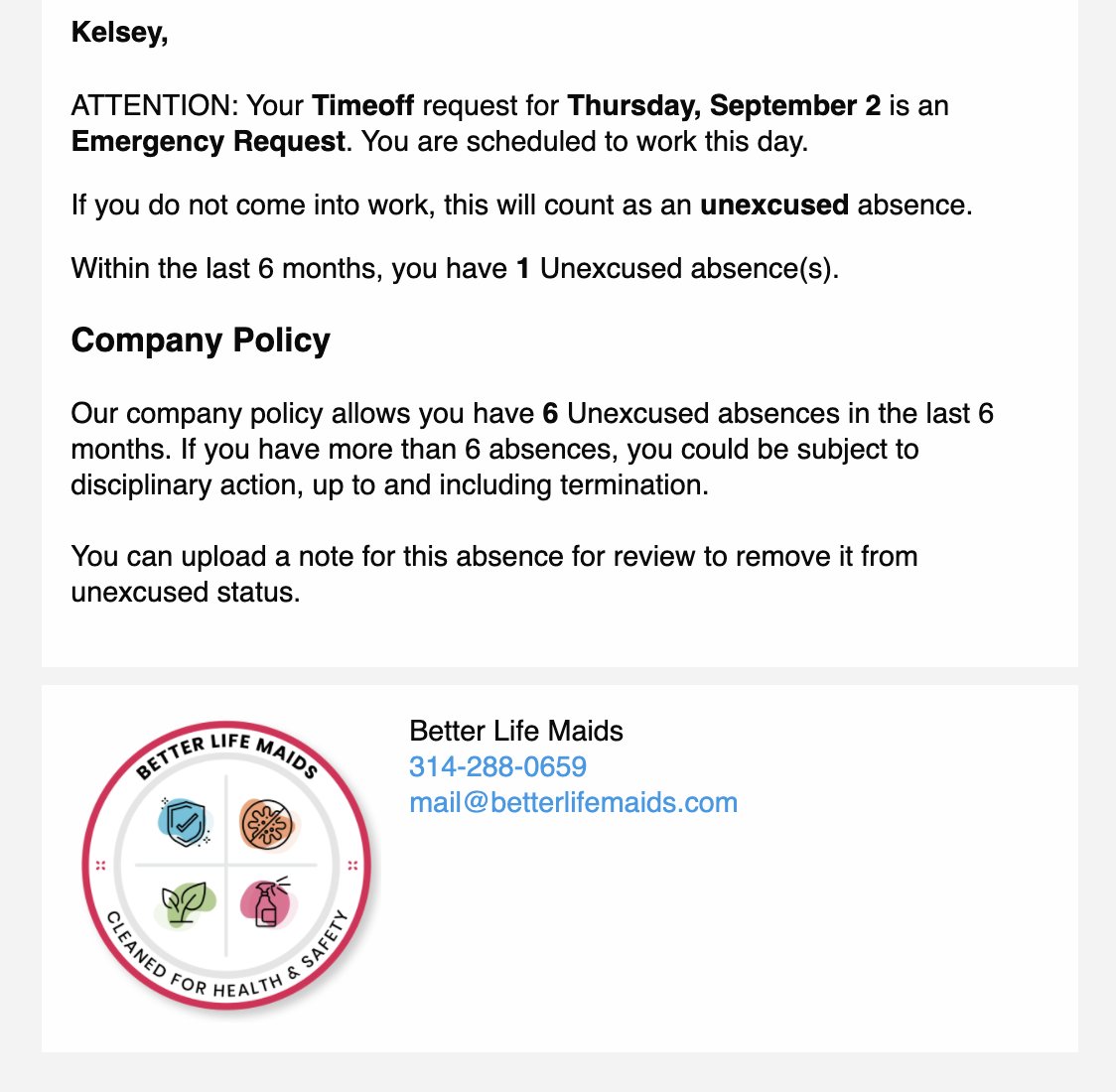 MattRicketts's tweet photo. What if you never had to be the bad guy in the morning when your team members are calling off?

What if your software could do that for you by letting your team member know if they are subject to disciplinary action when they call out? 

The best part. No more random 5 AM texts https://t.co/xfi7DbUGTB