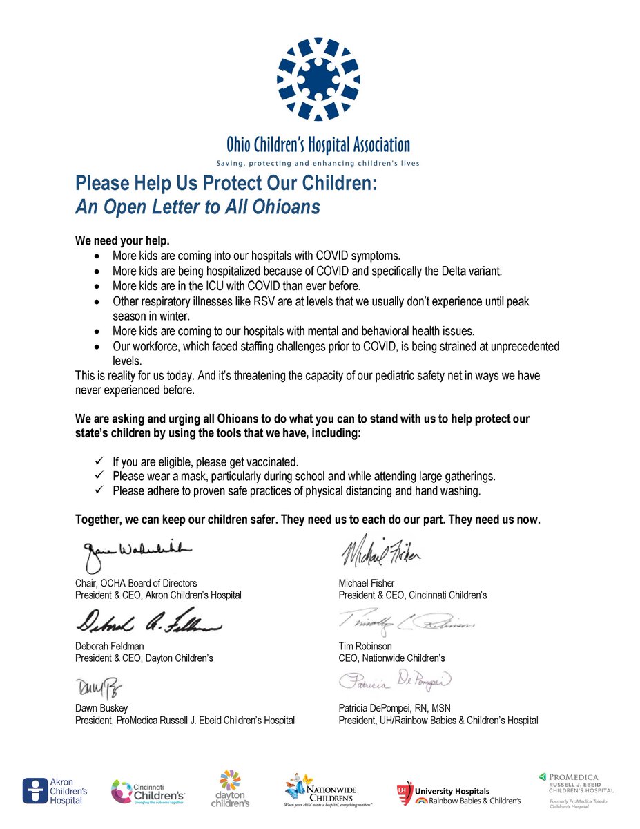 The CEOs of our six children’s hospitals joined together to ask all Ohioans to do their part to help protect our children. They need us now. @AkronChildrens @CincyChildrens @DaytonChildrens @nationwidekids @ProMedicaHealth @UHRainbowBabies