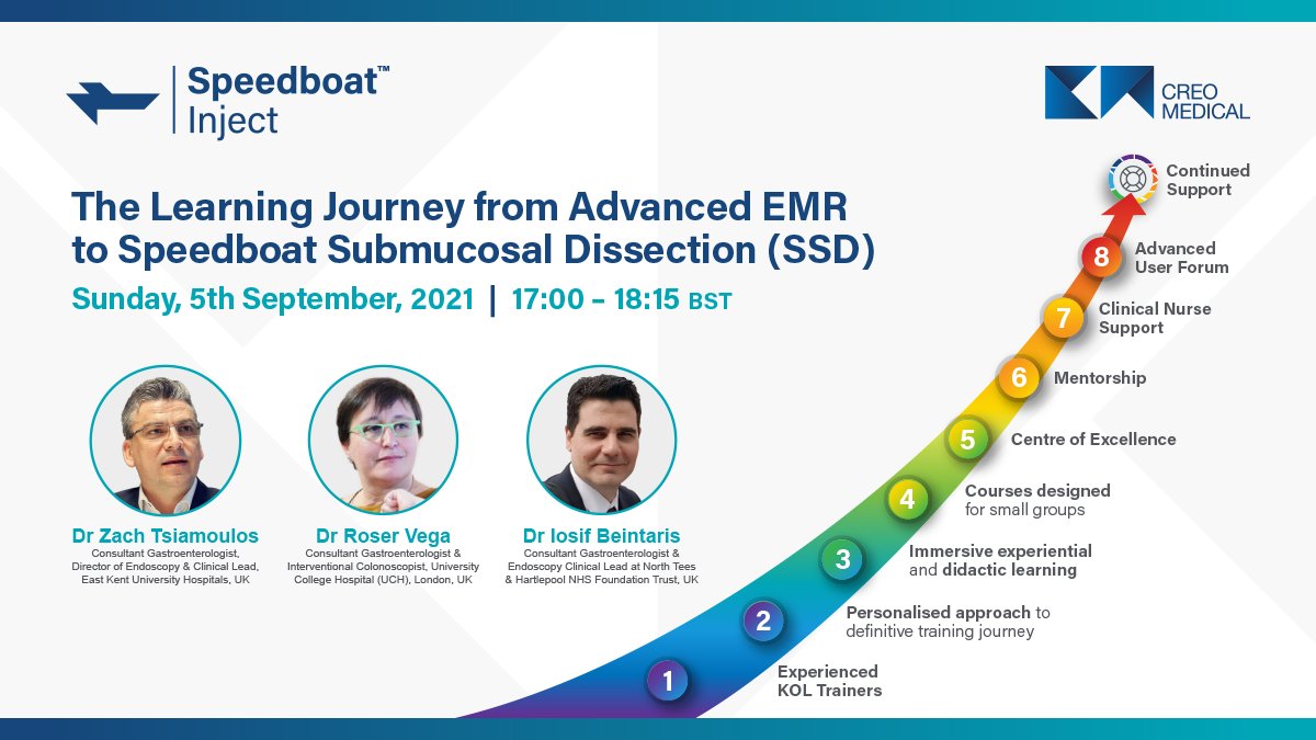 CreoEndoscopy's tweet photo. 🌍Our dedication to improve patient outcomes using Speedboat Technology includes clinical education, training &amp; continuous support. Join a fantastic faculty on Sunday, 5 September as they share their learning journey experiences from Advanced EMR to SSD. ➡️https://t.co/AVelLW2HE5 https://t.co/XsGuGSPUsl