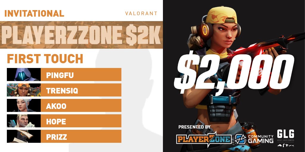 First Touch is looking to draw first blood in this weekend's <a href="/PlayerzZoneRoc/">PlayerzZoneRoc</a> $2K!

Welcome 
🥇<a href="/PingfuVAL/">Pingfu</a>
🥇<a href="/iPrizz/">Nick Prizz</a>
🥇<a href="/Trensiq/">Big T</a>
🥇<a href="/HopeVAL__/">Hope</a>
🥇@aKoOo777 

#PZ2K | 🔋 Powered By <a href="/CommunityGaming/">Community Gaming</a>