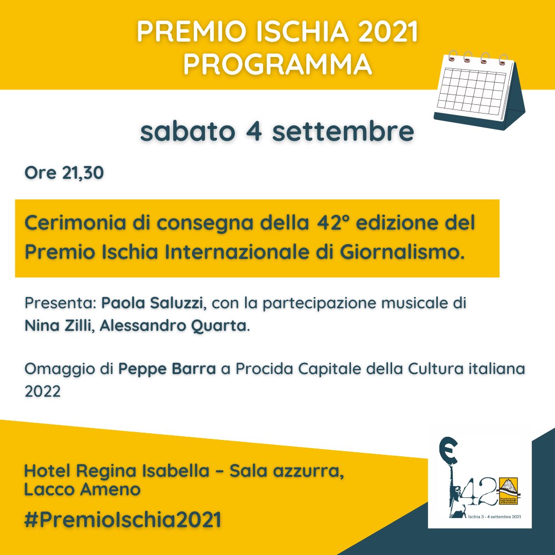 PremioIschia's tweet photo. #PremioIschia2021
📌Ecco il Programma della 42° edizione del Premio Ischia Internazionale di Giornalismo.

📺 Seguite la diretta streaming degli eventi in programma sulla nostra pagina Facebook 🔗https://t.co/EOAwLwHMSu https://t.co/4Ifpiy24B6