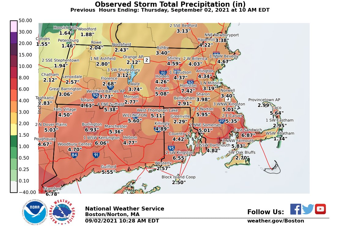 NWSBoston's tweet photo. [Preliminary Observed Rainfall] here is the latest observed rainfall totals from yesterday &amp; last night. A complete list is here https://t.co/mPgJqelUI4 #flashflooding #MAwx #RIwx #CTwx #Boston #Providence #Hartford #Worcester https://t.co/L2Uj82DsnI