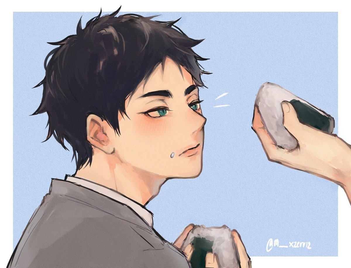 food onigiri black hair male focus 1boy holding food holding  illustration images