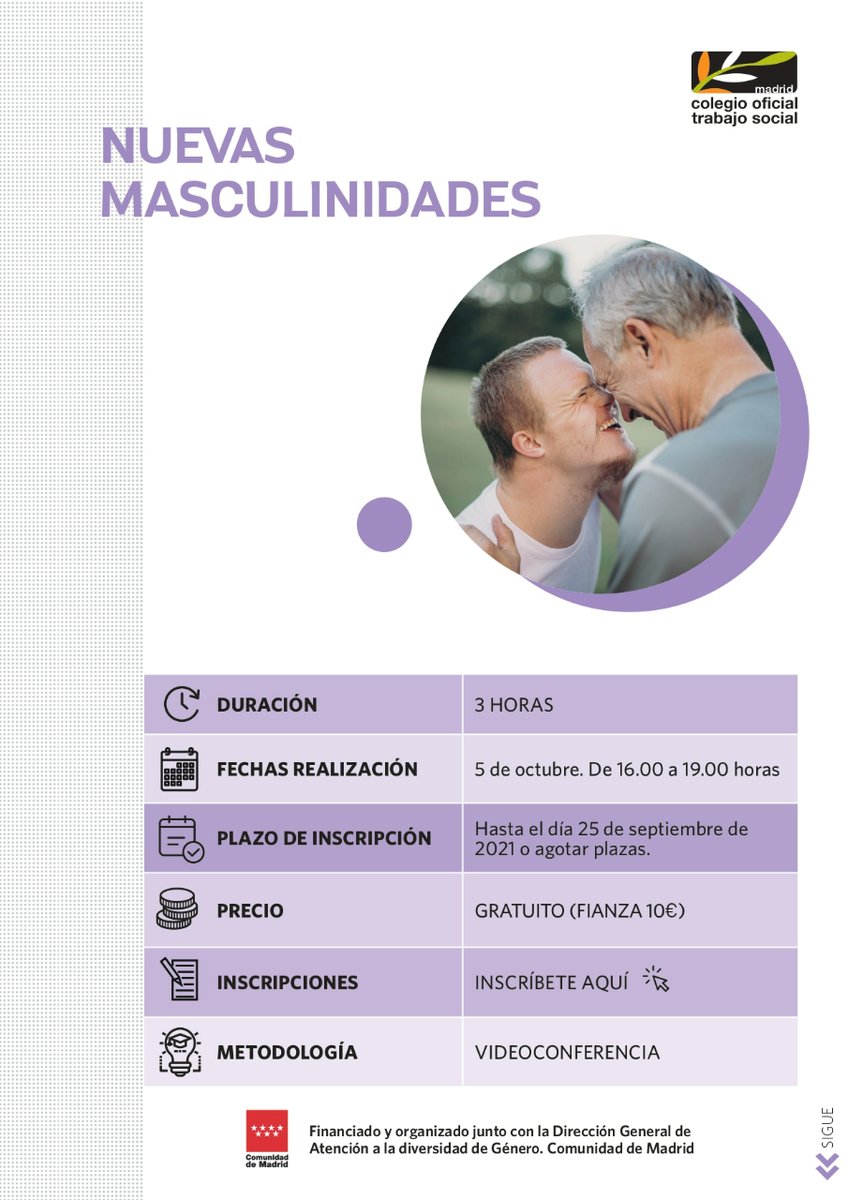 ColegioTSMadrid's tweet photo. Formación gratuita👉 Nuevas masculinidades
📚3 horas
📚Videoconferencia
📚Inscripción hasta el 25/9: https://t.co/7cKZMQ0fHW
📚Más información: https://t.co/dx7Wd5F0s8
#FormaTSMadrid https://t.co/BXlIbWfXQd