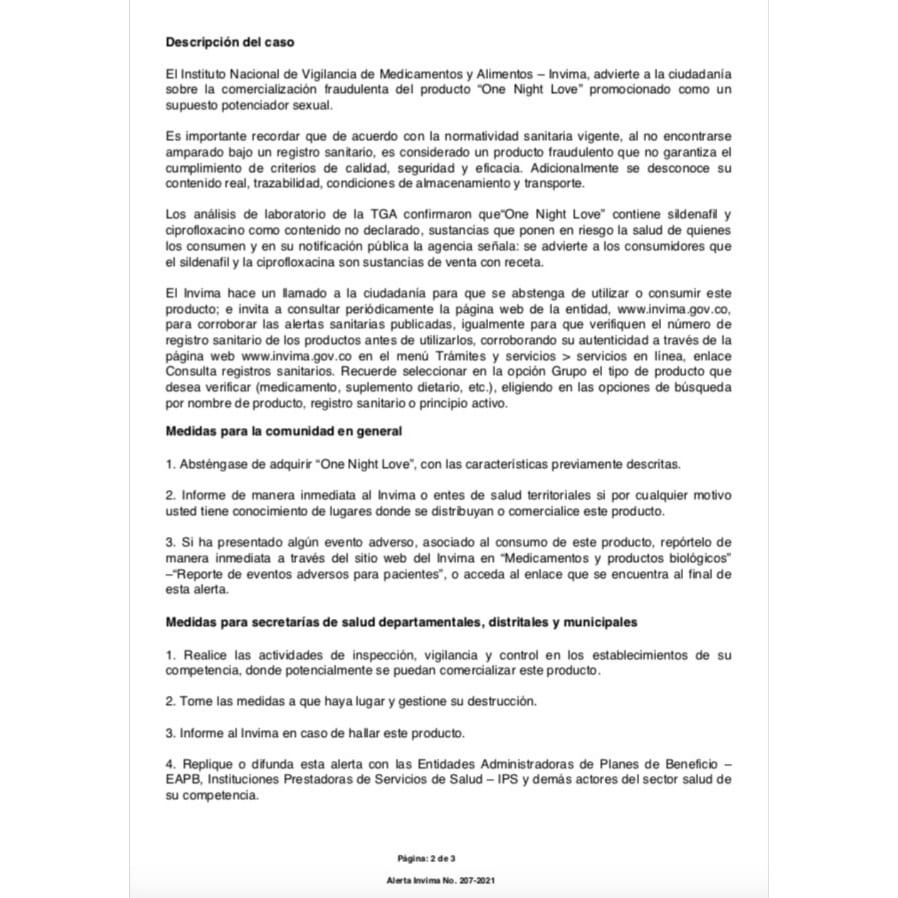 CIDUA_INFO's tweet photo. 📣📣Alerta Sanitaria 📣📣

El INVIMA advierte sobre la comercialización fraudulenta del producto "One Night Love" promocionado como un supuesto potenciador sexual.

Dado que el producto no cuenta con registro sanitario, se considera producto fraudulento. https://t.co/DUfGfyczOF