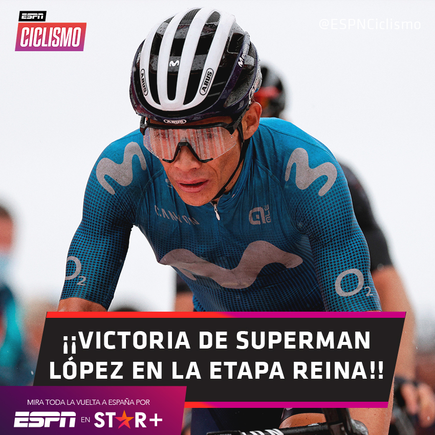ESPNCiclismo's tweet photo. #ESPNCiclismo 🇨🇴🤩 ¡¡VICTORIA IMPRESIONANTE DE MIGUÉL ÁNGEL LÓPEZ EN LA ETAPA REINA DE #LAVUELTAxESPN!! 

Espectáculo en la jornada 18: ¡Primoz Roglic fue segundo y Enric Mas tercero!

#ESPNenStarPlus https://t.co/fapmFi5L3G