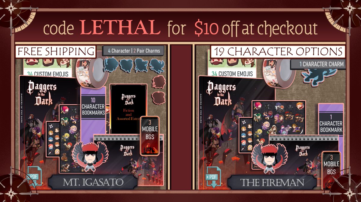 fe_daggers's tweet photo. We're almost out of time!!! Use code LETHAL at checkout to get $10 off our top bundles:

Mt. Igasato: FREE SHIPPING, All extras included!
-
Angel of Death: 4 charms/3 bookmarks of choice!
-
The Fireman: 19 Character Bundle Options!

https://t.co/7ZbALANCB0

POs end this weekend! https://t.co/gb2YeO0m1W