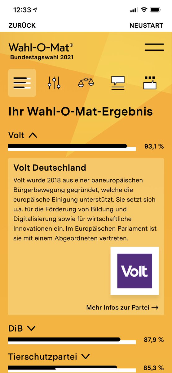Der #WahlOMat bestätigt mal wieder das #Volt für mich die richtige Wahl ist. 😁💜