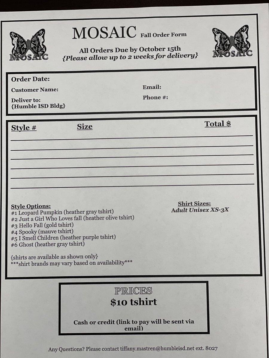 our new fall shirts have arrived 🍁🎃
taking orders now through Oct 15th 
only $10 each
call 281-641-8027 or email tiffany.mastren@humbleisd.net to place your order