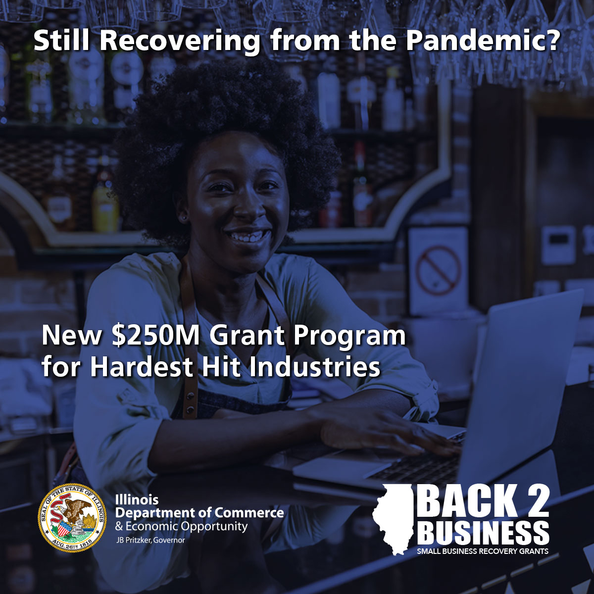 Still reeling from COVID-19? Here's more help with Illinois’ $250M #Back2Business program, prioritizing the hardest hit industries like entertainment venues, restaurants, and bars, as well as communities
considered Disproportionately Impacted Areas (DIAs). Illinois.gov/dceo/B2B