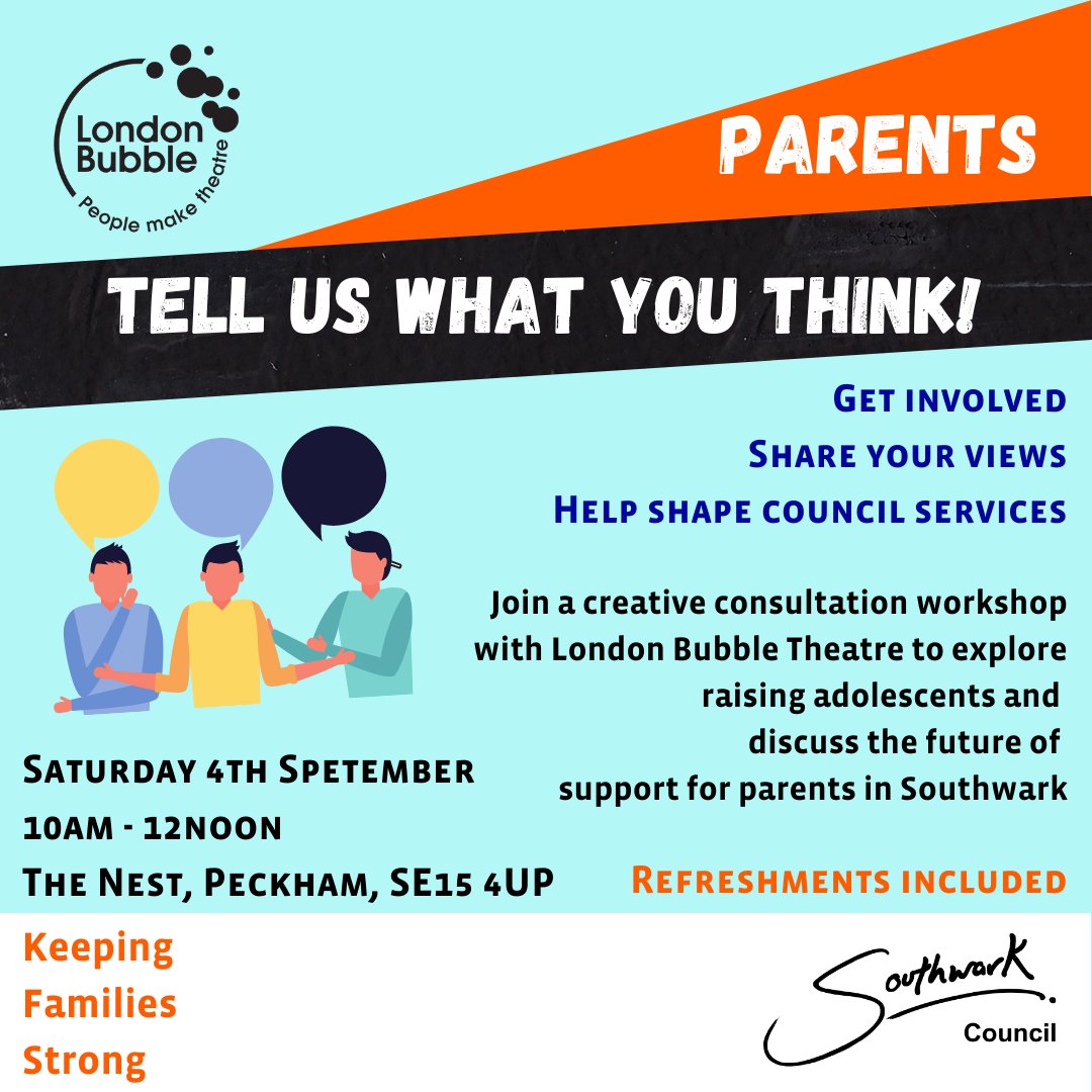 London Bubble is leading a creative consultation with #parents from #Southwark on behalf of <a href="/lb_southwark/">Southwark Council</a>
Saturday 4th Sept, 10 - 12pm at The Nest, Peckham!
Come and share you opinions and ideas on services for families &amp; young people!
#family #support #consultation #adolescents