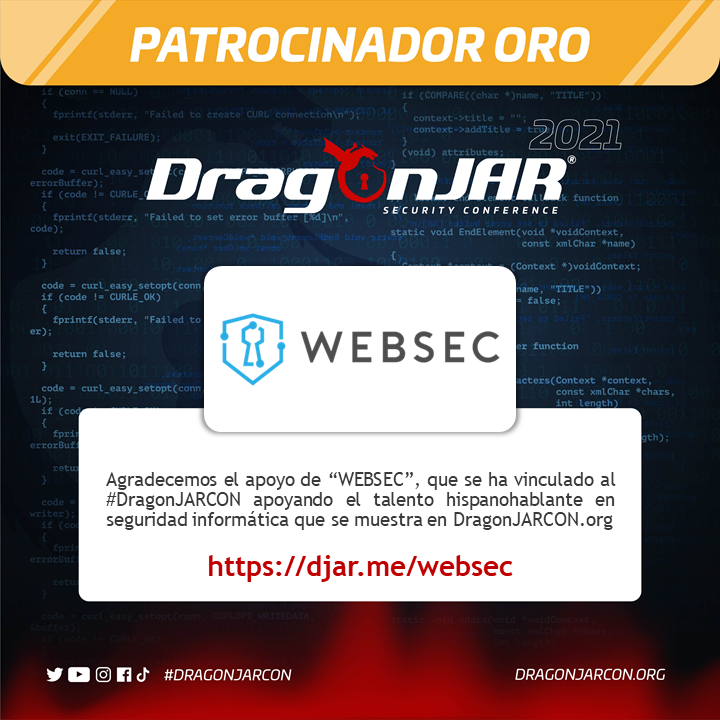DragonJARCon's tweet photo. Gracias al apoyo de @_websec, es posible realizar el #DragonJARCON de este año, visita https://t.co/ogZjXPQS42 para que los conozcas mejor, y no olvides registrarte en el @dragonjarcon de este año https://t.co/KzYPwhyXY5 https://t.co/9QvoRStr7W
