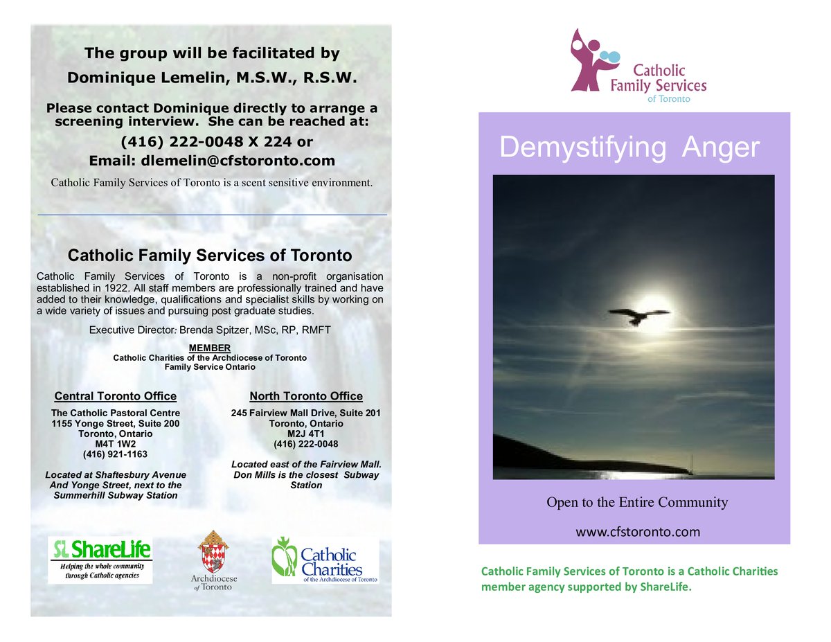 Catholic Family Services of Toronto will launch it's Demystifying Anger Online Program on: Monday September 27 @ 1:00 pm. For more information and to register please contact: Dominique (416) 222-0048 ext. 224 or email: dlemelin@cfstoronto.com