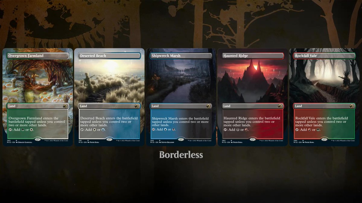 Magic: The Gathering (@wizards_magic) on Twitter photo The lack of sunlight has created a blanket of frost across the landscape of Innistrad, as shown in these #MTGMidnight dual lands. The lack of sunlight has created a blanket of frost across the landscape of Innistrad, as shown in these #MTGMidnight dual lands.