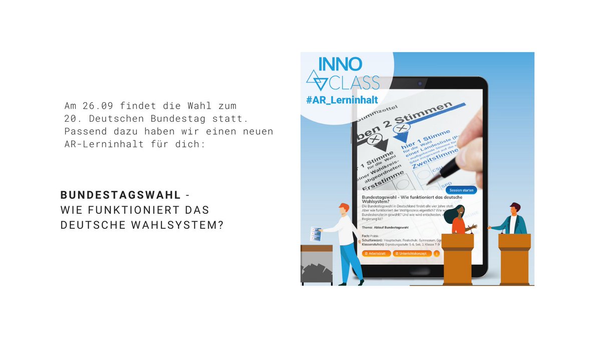 InnoClass's tweet photo. Wie funktioniert eigentlich der Wahlprozess in Deutschland?
Wahlen sind ein wichtiger Pfeiler unserer Demokratie. Deshalb haben wir den Ablauf der Bundestagswahl als #AugmentedReality-Lerninhalt für die #Schule erstellt.
#InnoClass #Bundestagswahl2021
#digitaleBildung #twlz https://t.co/wocGUX9oI3