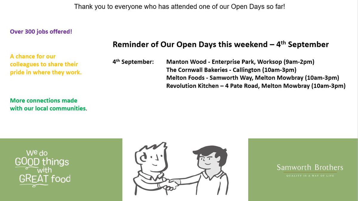 samworthjobs's tweet photo. Just a quick reminder of the 4 Open Days that we have running this weekend in Cornwall, Worksop and Melton Mowbray. Pop along, no CV needed. Tell us what shift pattern would work for you and see what opportunities we have! https://t.co/lJRMKas1aL