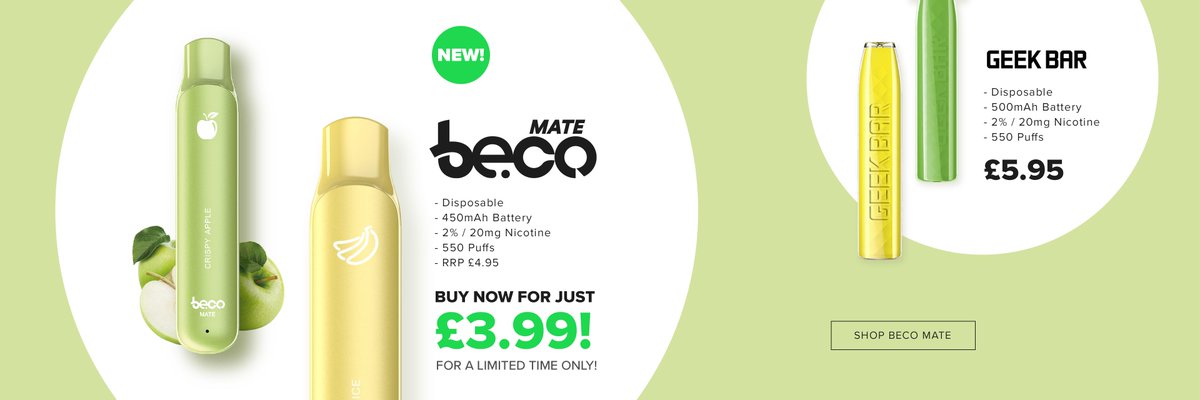 Our brand new BECO MATE disposables can be found at our lowest ever price for a limited time! 2ml of e-liquid, 20mg nic salts, in 10 great flavours.
vapourcore.com/beco-mate-disp…

#Vapourcore #Vape #Ecig #BecoBar #Beco #Puffbar #VapeOn #VapeShop #VapeLife #Puff #QuitSmoking #SmokeFree