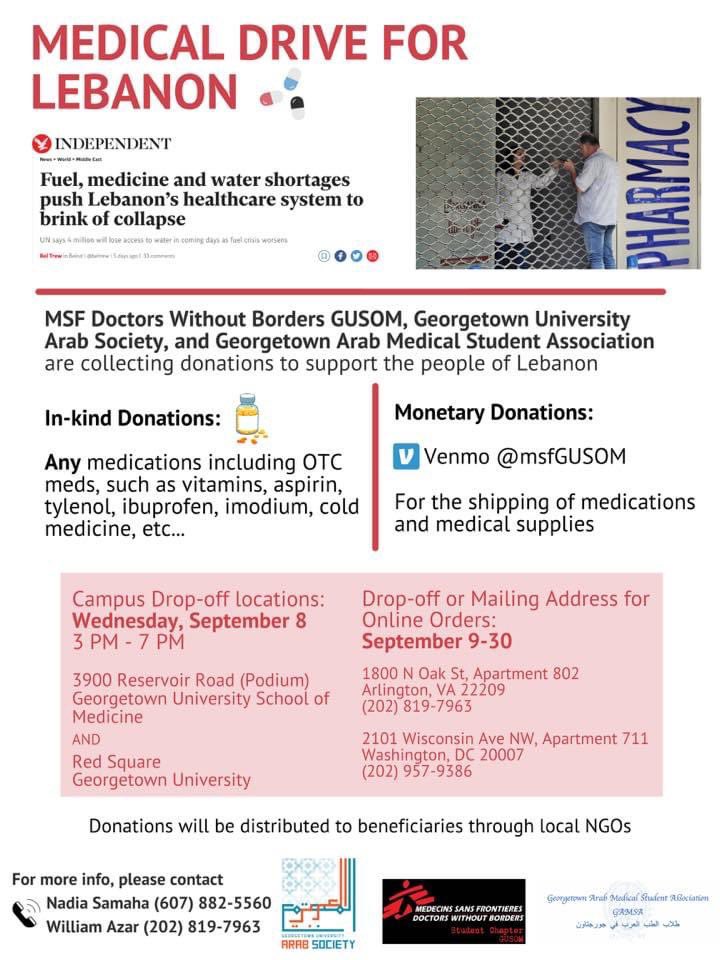 TalaKadi3's tweet photo. A group of students from Georgetown University (including me) are collecting both meds and monetary donations via Venmo.

We are taking medication donations at the following locations (Georgetown campus on September 8 and Glover Park/Rosslyn September 9-30) as well as on venmo! https://t.co/ryt3MuyUZS