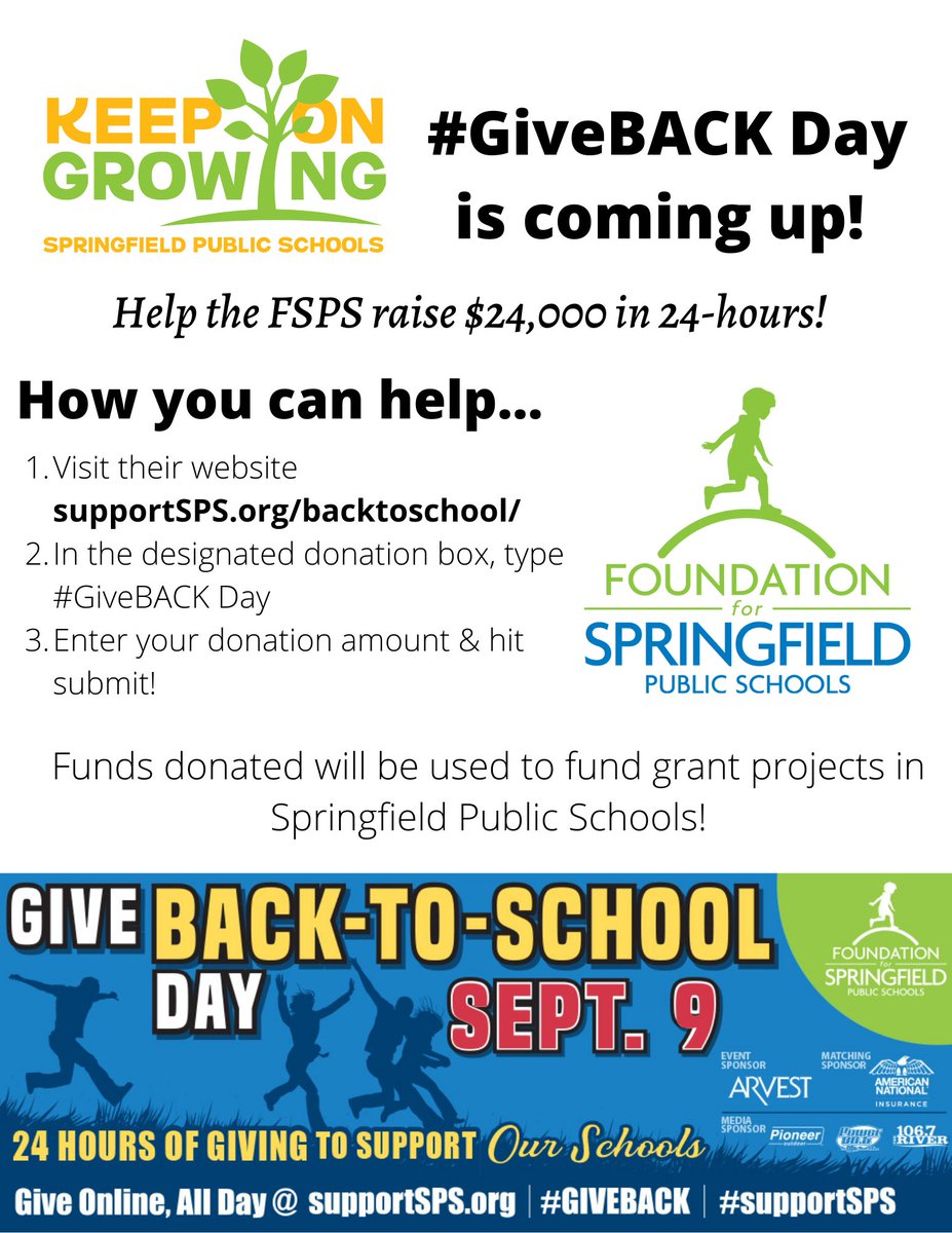 Foundation for SPS (@foundation4sps) on Twitter photo #GiveBACK Day is ONE week away!
Your support could help fund projects like <a href="/RobynHagerman/">robyn hagerman</a> Garden Dreams at Adah Fulbright, <a href="/CoachBrum/">Brad Brummel</a> Active Classrooms across SPS, STEAM classroom materials for early childhood & much more!
Visit supportsps.org/backtoschool/ on Sept. 9 to support! #GiveBACK Day is ONE week away!
Your support could help fund projects like <a href="/RobynHagerman/">robyn hagerman</a> Garden Dreams at Adah Fulbright, <a href="/CoachBrum/">Brad Brummel</a> Active Classrooms across SPS, STEAM classroom materials for early childhood & much more!
Visit supportsps.org/backtoschool/ on Sept. 9 to support!