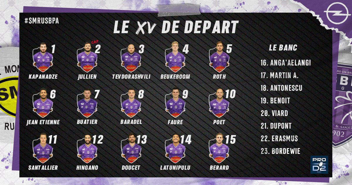 LesCompos's tweet photo. Les compos pour @SMR_Rugby - @USBPA_Rugby !
⏱Vendredi, 19h30.
🏟Stade Guy-Boniface, Mont-de-Marsan.
#SMRUSBPA #PROD2 https://t.co/mXjSfie0Va