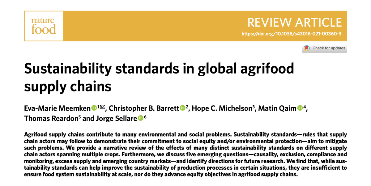 2 yrs in the making and now our new <a href="/NatureFoodJnl/">Nature Food</a> paper is finally out! Very happy for this great opportunity to collaborate with <a href="/EvaMeemken/">Eva-Marie Meemken</a>, <a href="/cbb2cornell/">Chris Barrett</a>, @michelson_hope, <a href="/MatinQaim/">Matin Qaim</a>, and Tom Reardon. See thread for some issues that we highlight 1/5

nature.com/articles/s4301…