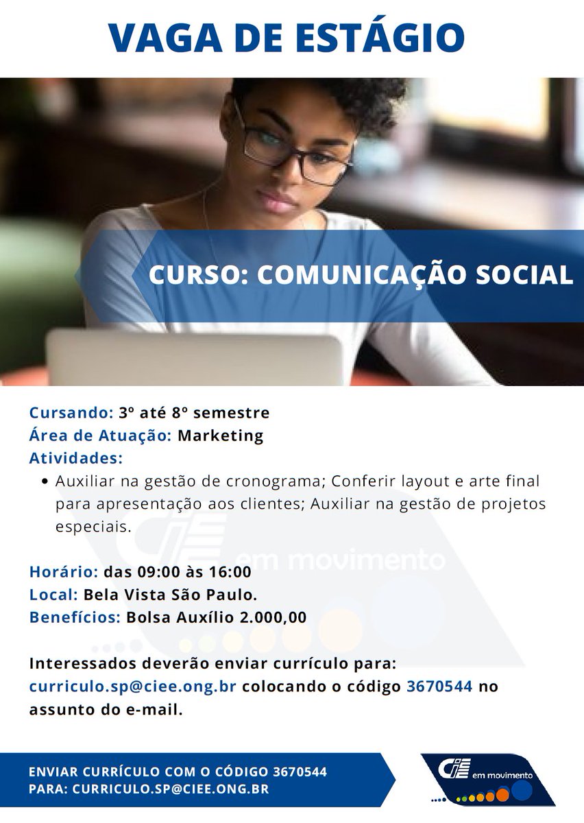 estagiospucsp's tweet photo. Estágio em Marketing - CIEE 

Interessados deverão enviar currículo para:
curriculo.sp@ciee.ong.br colocando o código 3670544 no
assunto do e-mail. https://t.co/dVTGWXaCLU