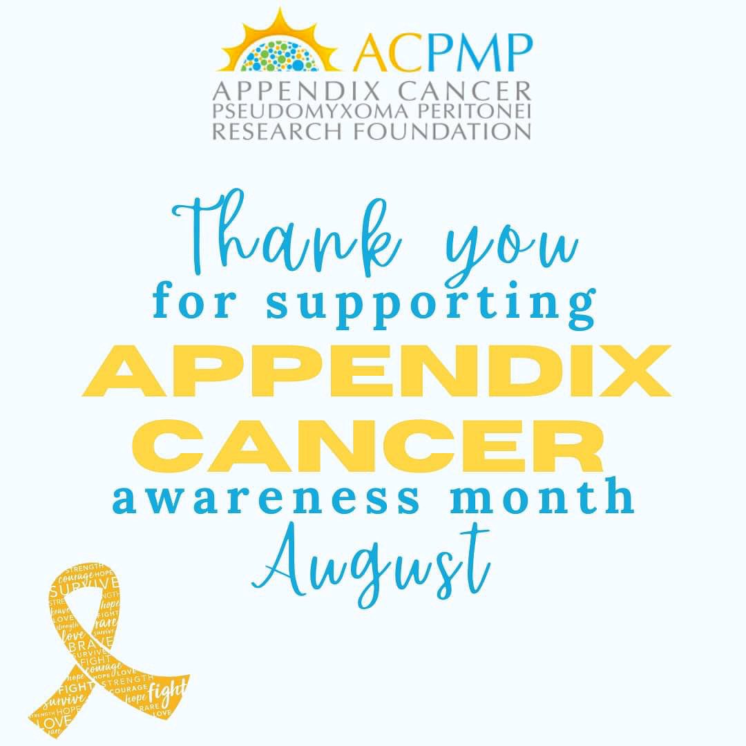 acpmpresearch's tweet image. THANK YOU for supporting ACPMP&apos;s 1st Appendix Cancer Awareness Month this August! We’re excited about this year&apos;s success. #AugustforAppendixCancer 

•Lit 6 landmarks amber
•Had 16 institutions recognize the month
•1.4k people used our FB frame
acpmp.org/first-awarenes…