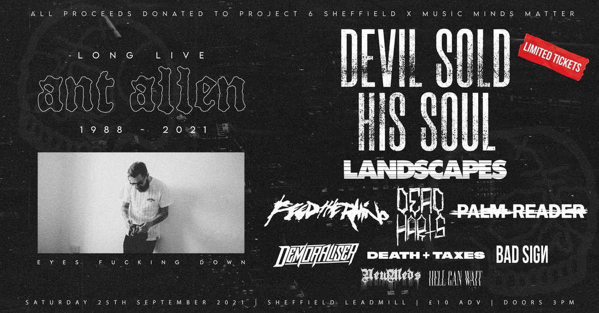 We're reforming for one final show in memory of our good friend Ant Allen. All proceeds go to two amazing charities. We're doing a final run of T-shirts and donating all profits. Get down. Pit hard. Long live Ant Allen. 

Tix: theleadmill.seetickets.com/.../the-leadmi…