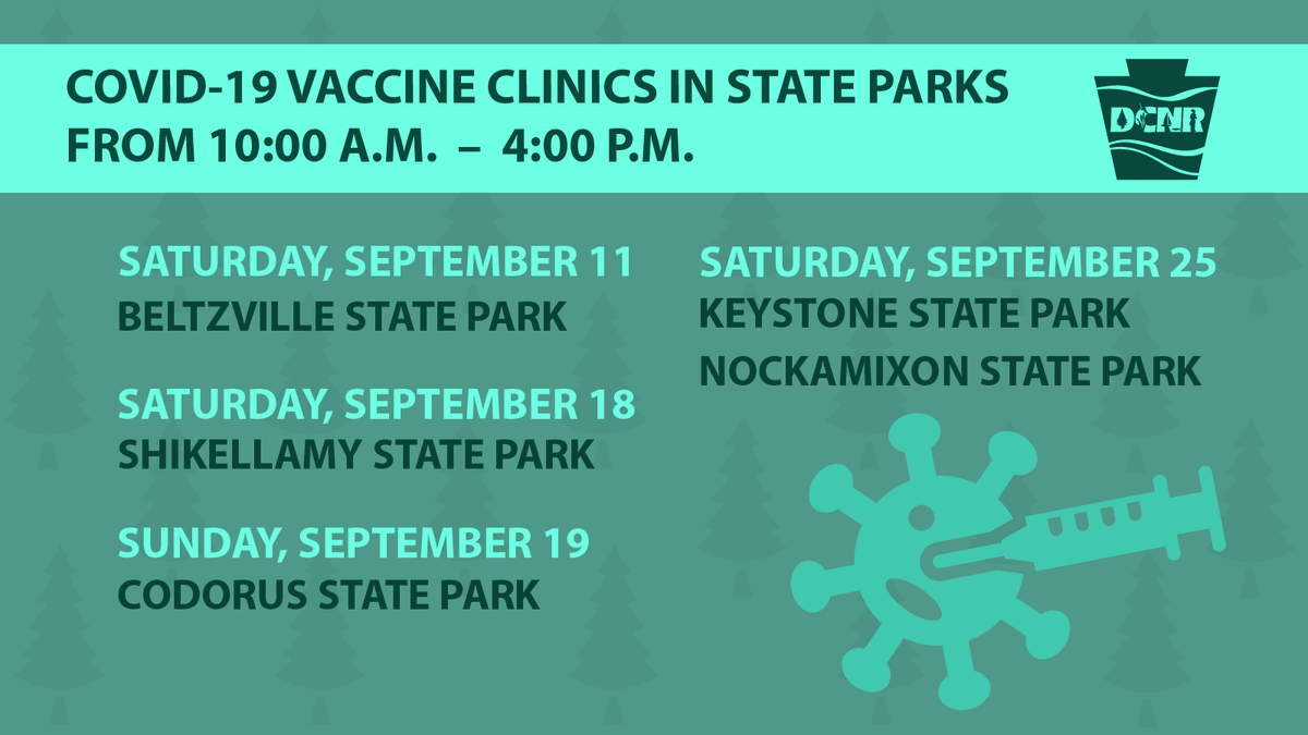 DCNRnews's tweet photo. DCNR and @PAHealthDept will host #COVID19 vaccine clinics at some #PAStateParks in September:  
🌲 #BeltzvilleStatePark (Pavilion 3)
🌲 #ShikellamyStatePark (Pavilion 3)
🌲 #CodorusStatePark (Bandshell)
🌲 #KeystoneStatePark (Pavilion 1)
🌲 #NockamixonStatePark (Pavilion 5) https://t.co/X9uiXk0IMa