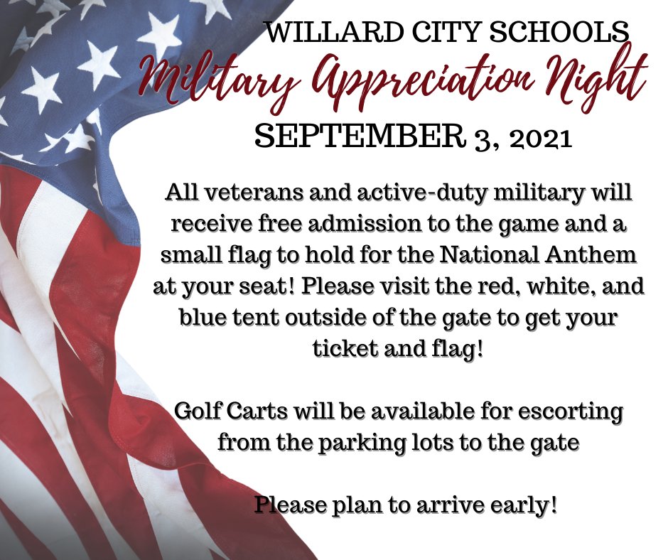 SenecaEast's tweet photo. Willard City Schools will host a Military Appreciation Night tomorrow, September 3rd, at the Willard vs. Seneca  East football game.   All veterans and active-duty military will receive free admission to the game.  Please see the flyers for more information! https://t.co/fscz1EIgIW