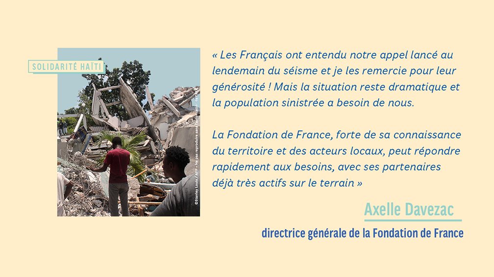 #SolidaritéHaïti | La #FondationDeFrance reste mobilisée et appelle à la générosité des tous pour répondre à la situation d’urgence en #Haïti.
➡️ fondationdefrance.org/fr/seisme-en-h…