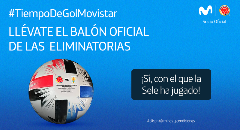 Es #TiempoDeGolMovistar junto al <a href="/GolCaracol/">Gol Caracol</a> ⚽ Llévate uno de los 3 Balones Oficiales de las Eliminatorias, compartiendo en Twitter un meme lleno de creatividad y apoyo a nuestra Selección Colombia <a href="/FCFSeleccionCol/">Selección Colombia</a> 🇨🇴​Términos y condiciones aquí👉 bit.ly/tycctividadtg