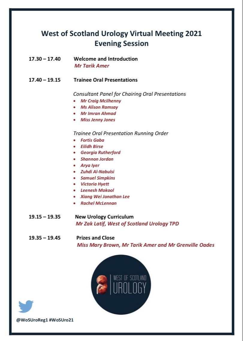 WoS Urology Meeting Tomorrow - Looking forward to hearing Trainee Presentations from FYs, CSTs and Urology STs! #WoSUro21 Thank you to our Sponsers @CP_Endourology @rcpsglasgow @RCSEd